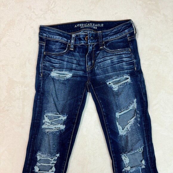 American Eagle Jeans Blue Distressed Casual Super Low Jegging Women's Size 6 - Picture 3 of 14